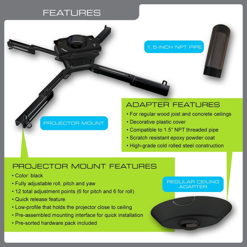 QualGear Pro-AV QG-KIT-CA-3IN-B Single Joist Ceiling Adapter, 3" 1.5" Projector Mount Kit Accessory, Black - Image 2